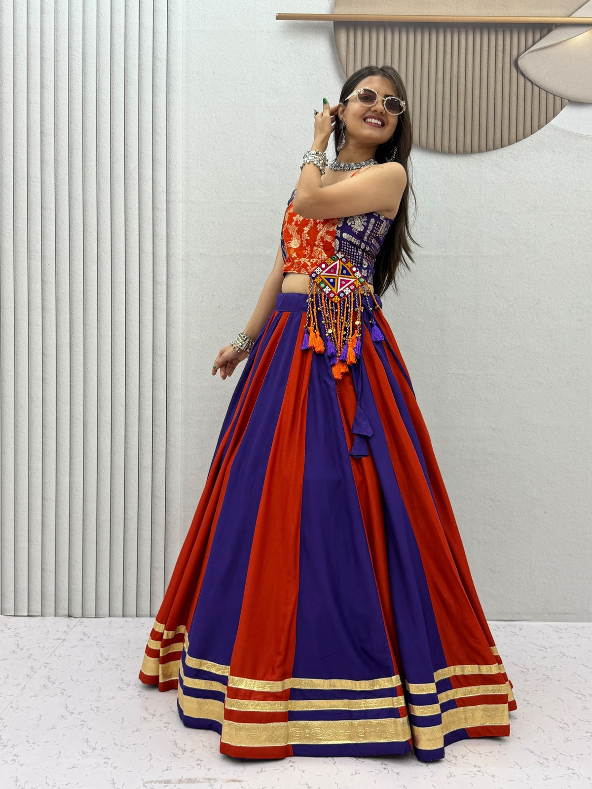 Royal Purple & Orange Cotton Lehenga Choli | 6 Meter Flair | Gamthi Work