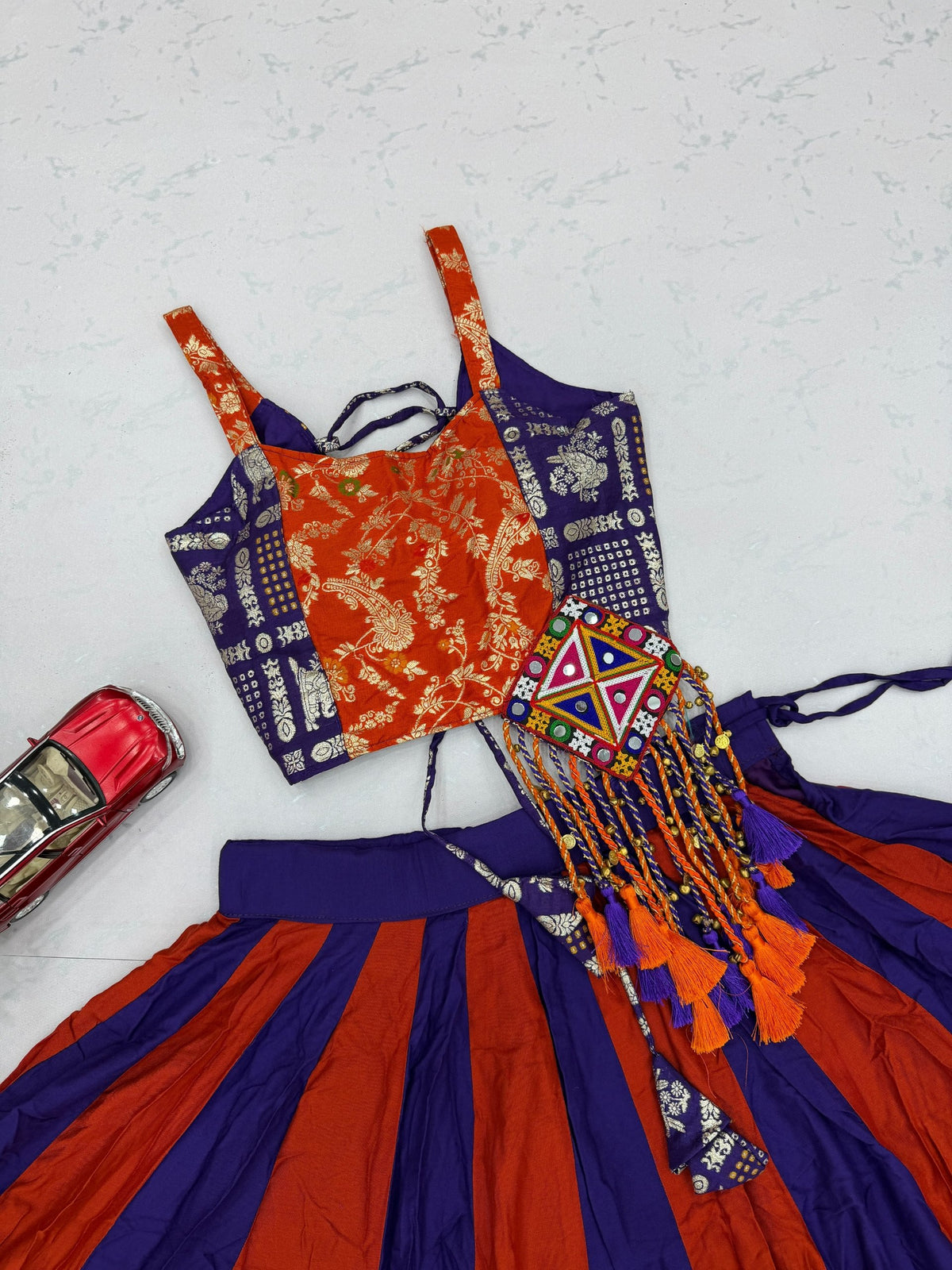 Royal Purple & Orange Cotton Lehenga Choli | 6 Meter Flair | Gamthi Work