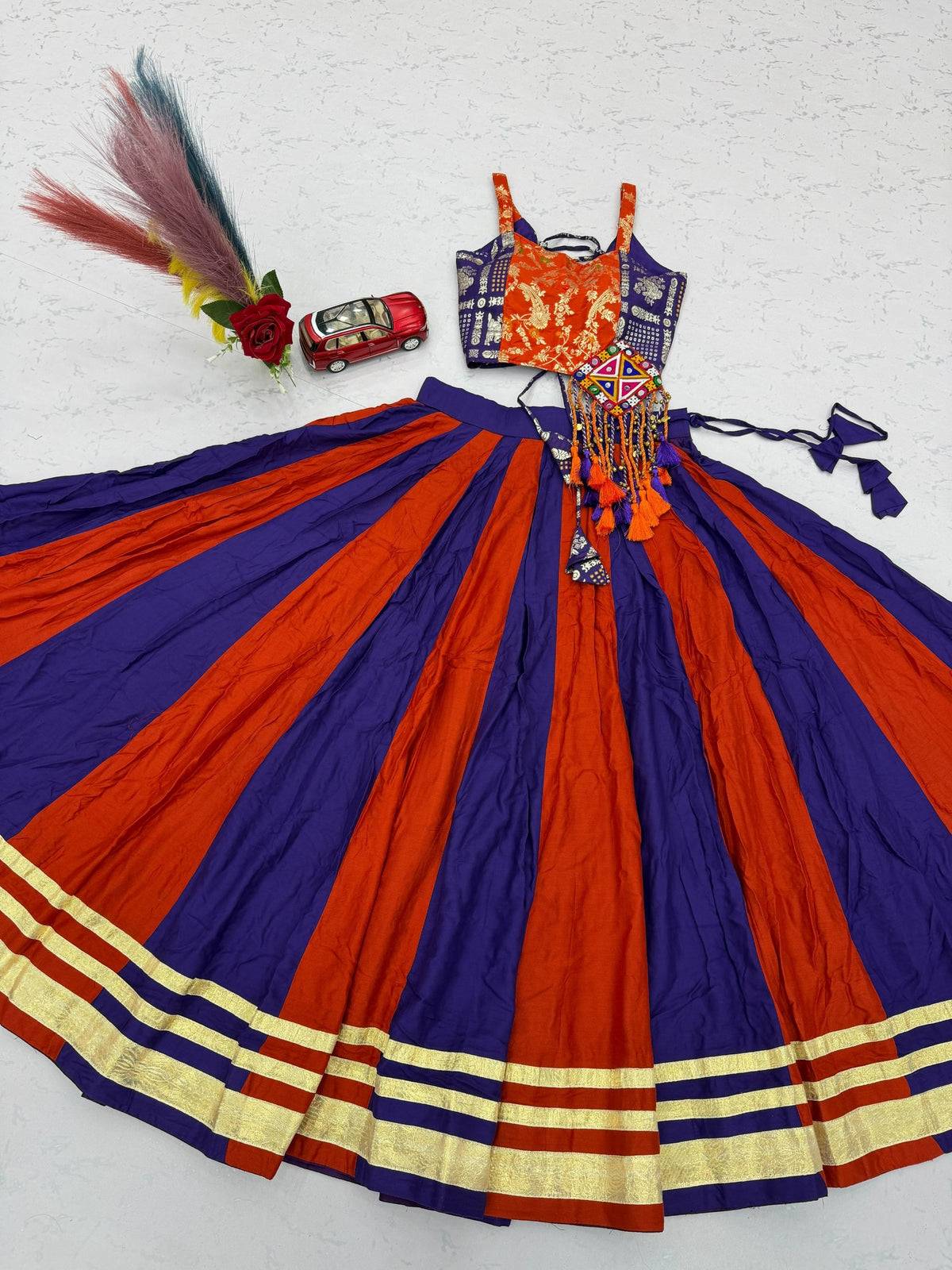 Royal Purple & Orange Cotton Lehenga Choli | 6 Meter Flair | Gamthi Work