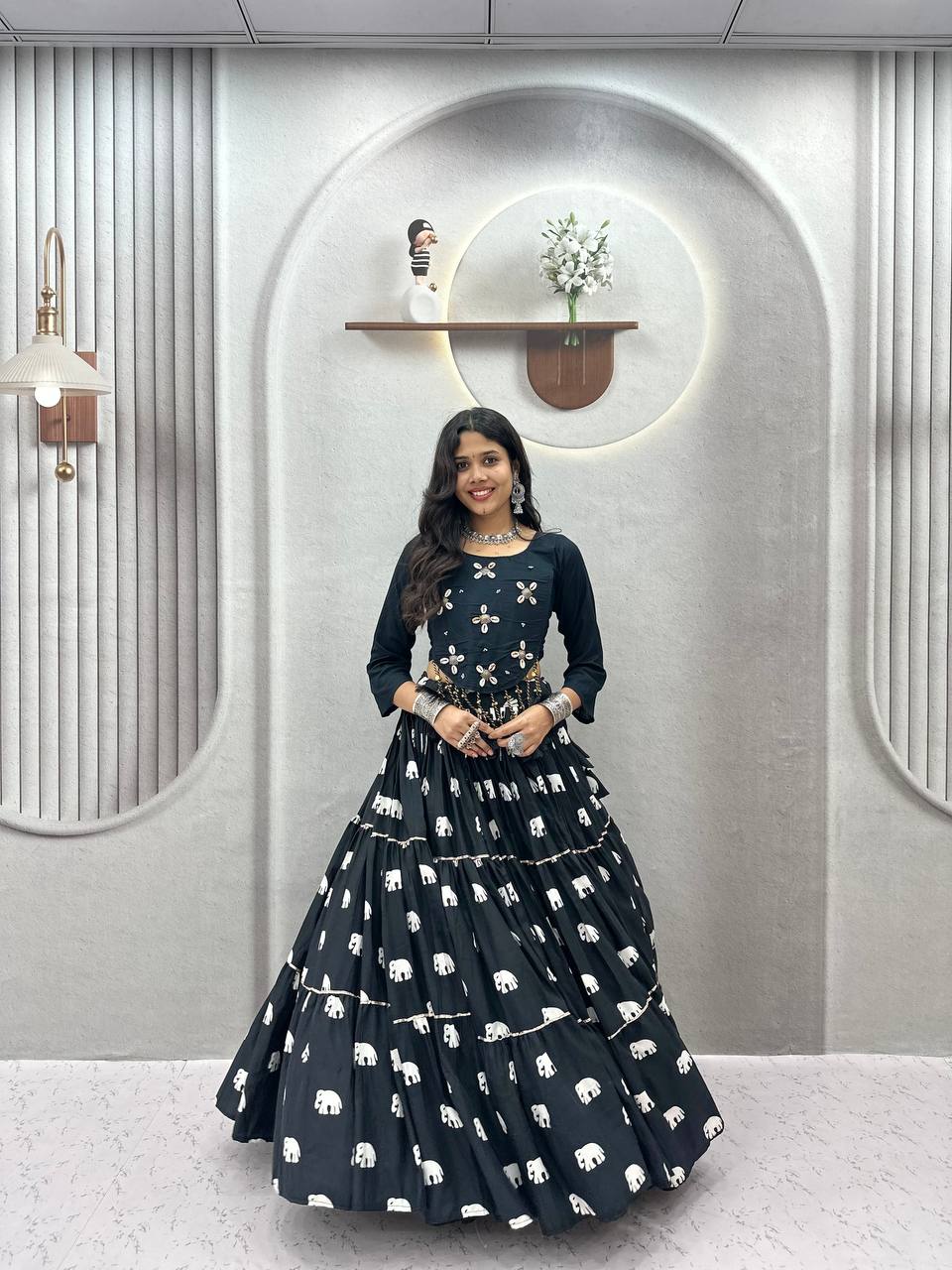 Black Hand Work Cotton Navratri Lehenga Choli with Real Kodi Work
