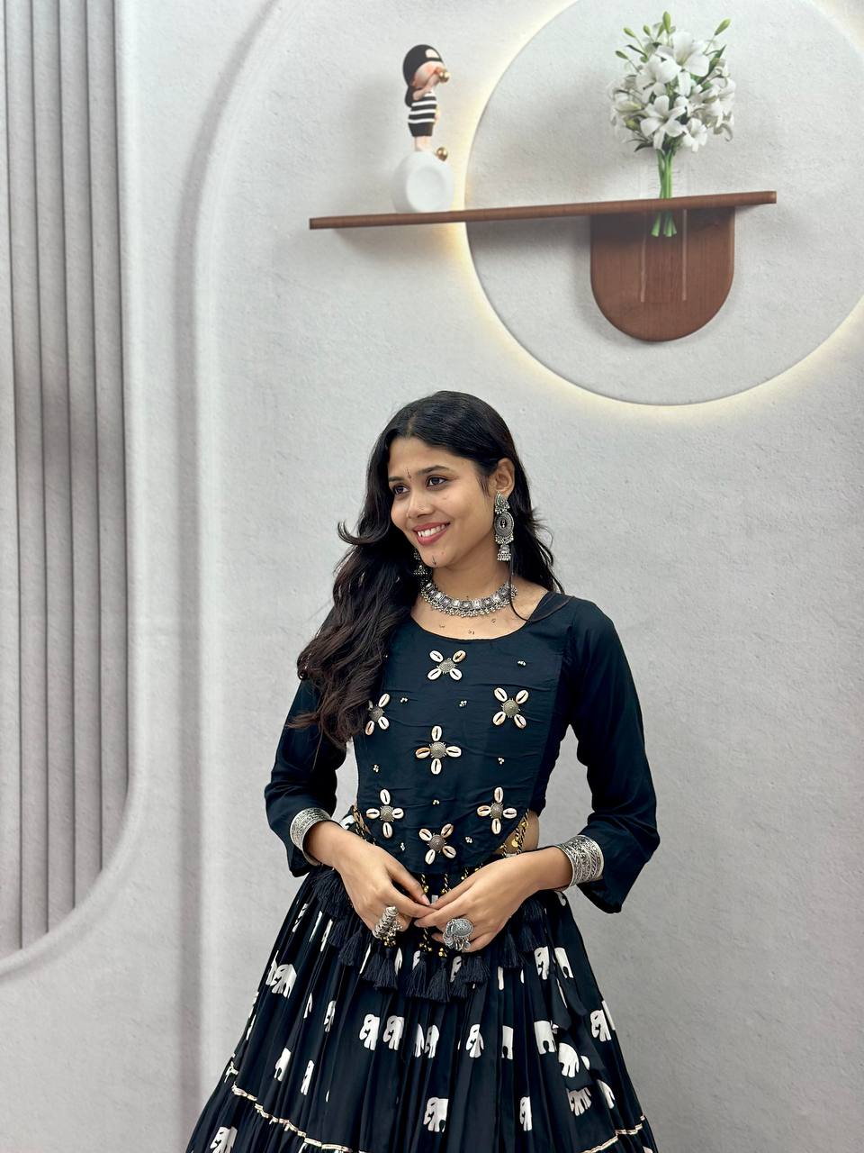 Black Hand Work Cotton Navratri Lehenga Choli with Real Kodi Work