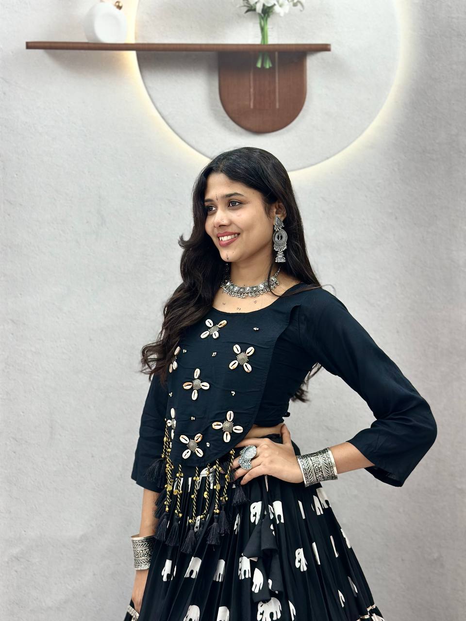 Black Hand Work Cotton Navratri Lehenga Choli with Real Kodi Work