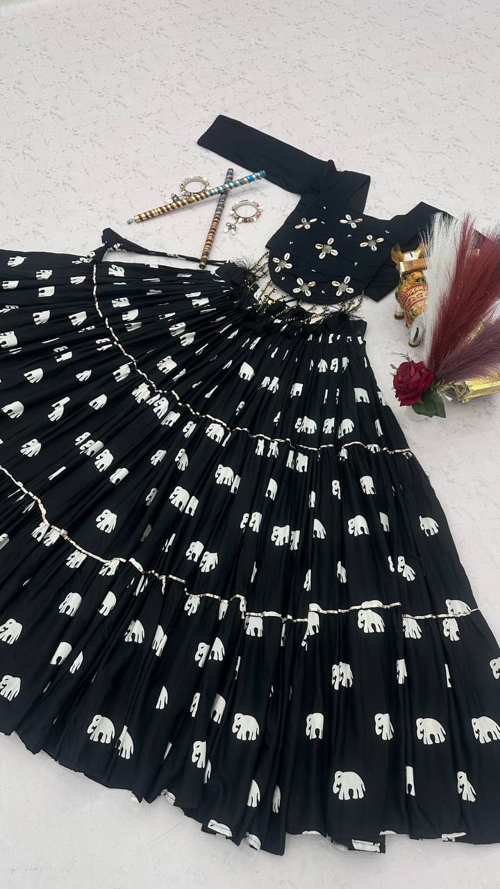 Black Hand Work Cotton Navratri Lehenga Choli with Real Kodi Work