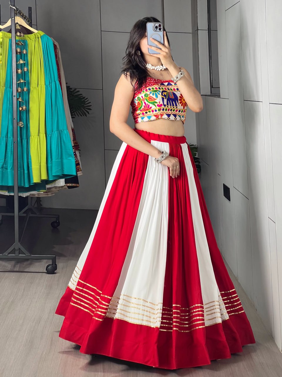 Red & White Navratri Chaniya Choli with Bandhani Foil & Gamthi Work