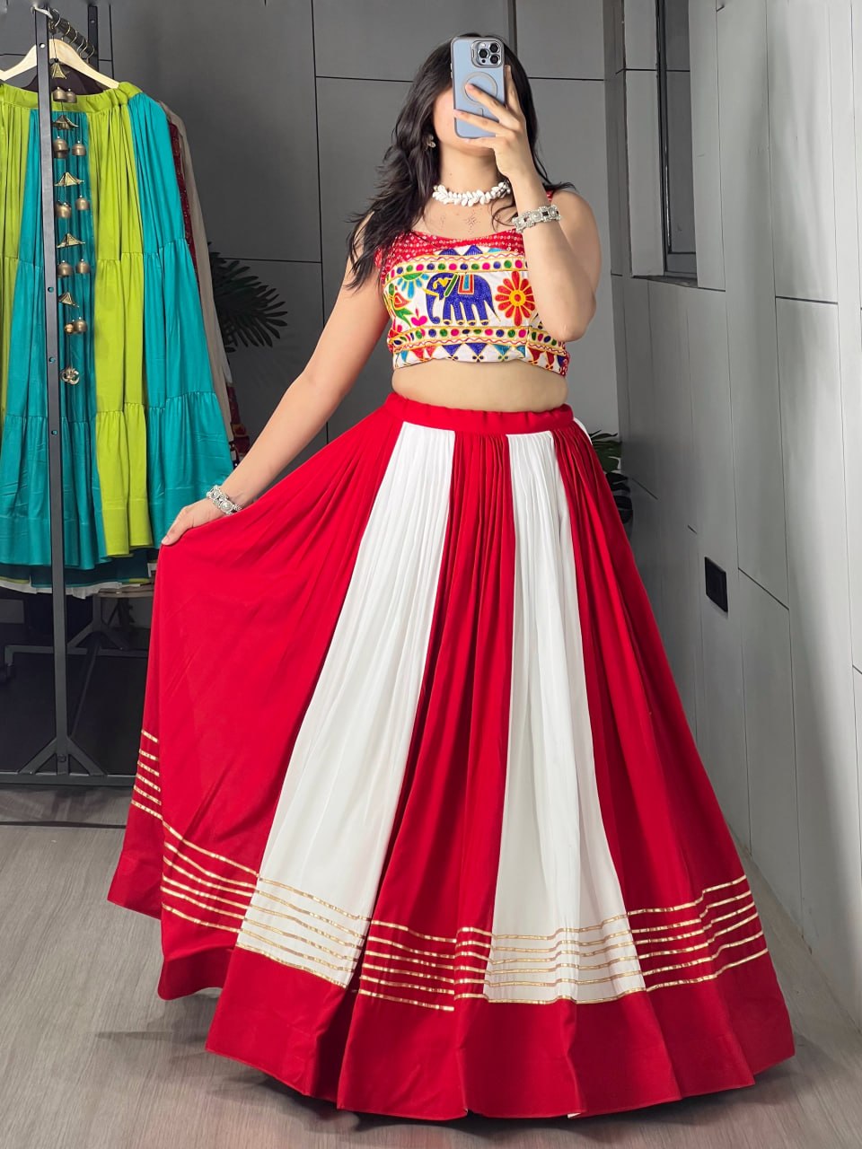 Red & White Navratri Chaniya Choli with Bandhani Foil & Gamthi Work