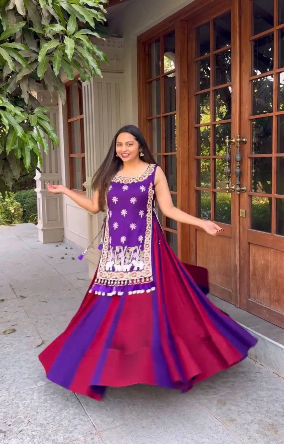 Royal Purple & Rani Pink Vichitra Silk Designer Lehenga Set with Embroidered Shrug