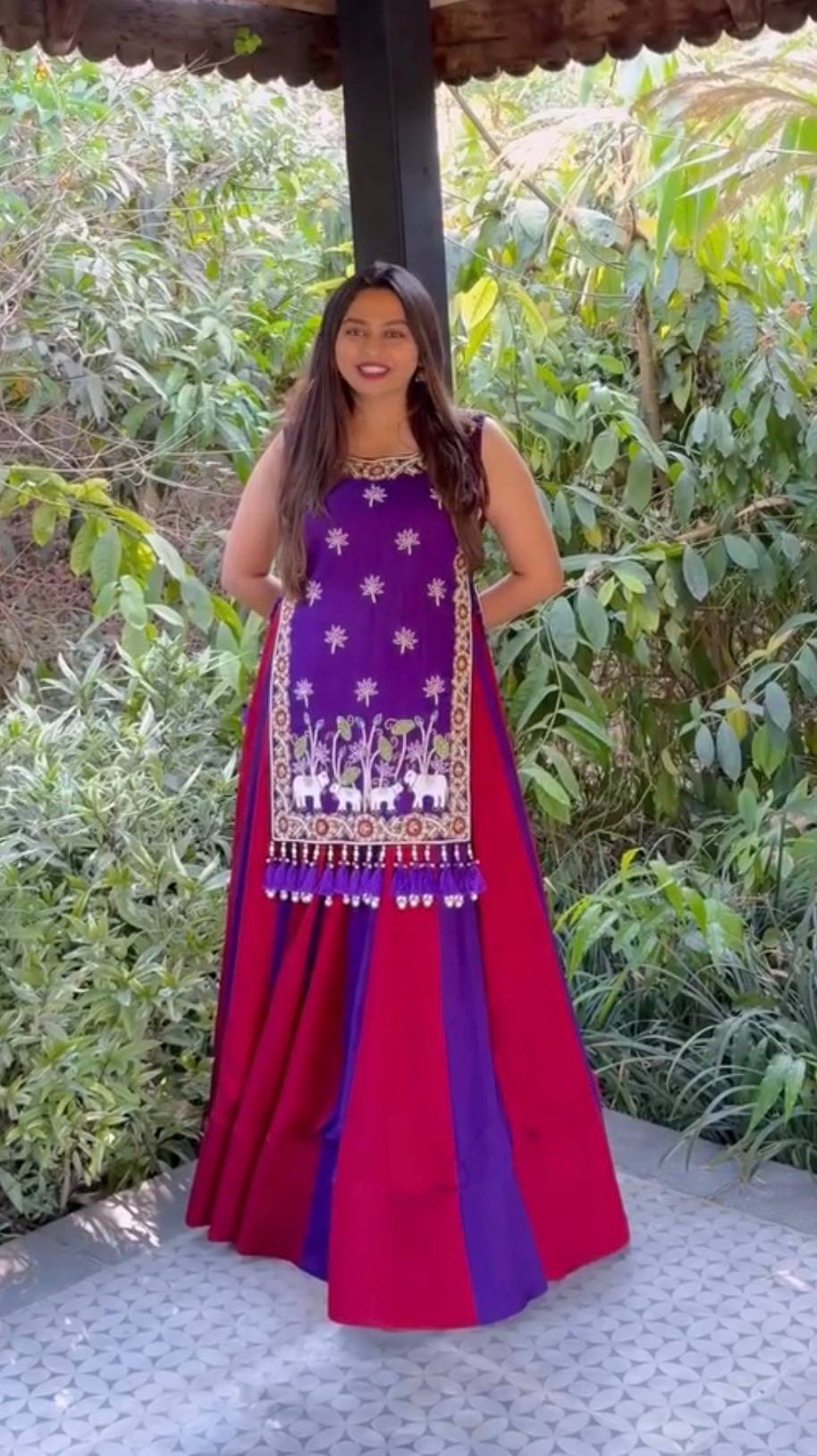 Royal Purple & Rani Pink Vichitra Silk Designer Lehenga Set with Embroidered Shrug