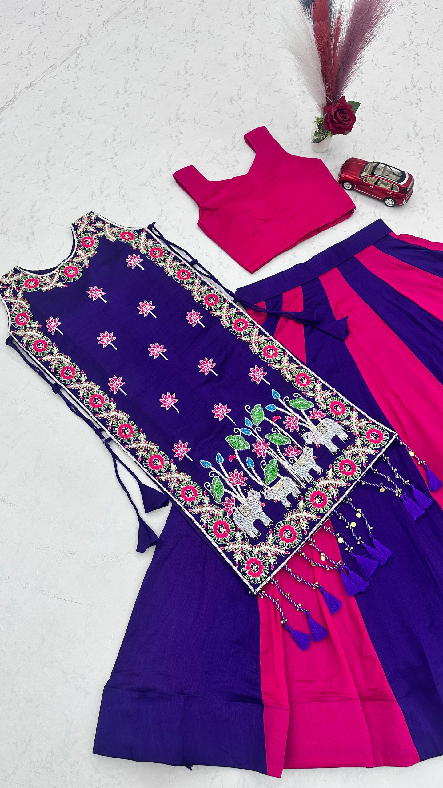 Royal Purple & Rani Pink Vichitra Silk Designer Lehenga Set with Embroidered Shrug