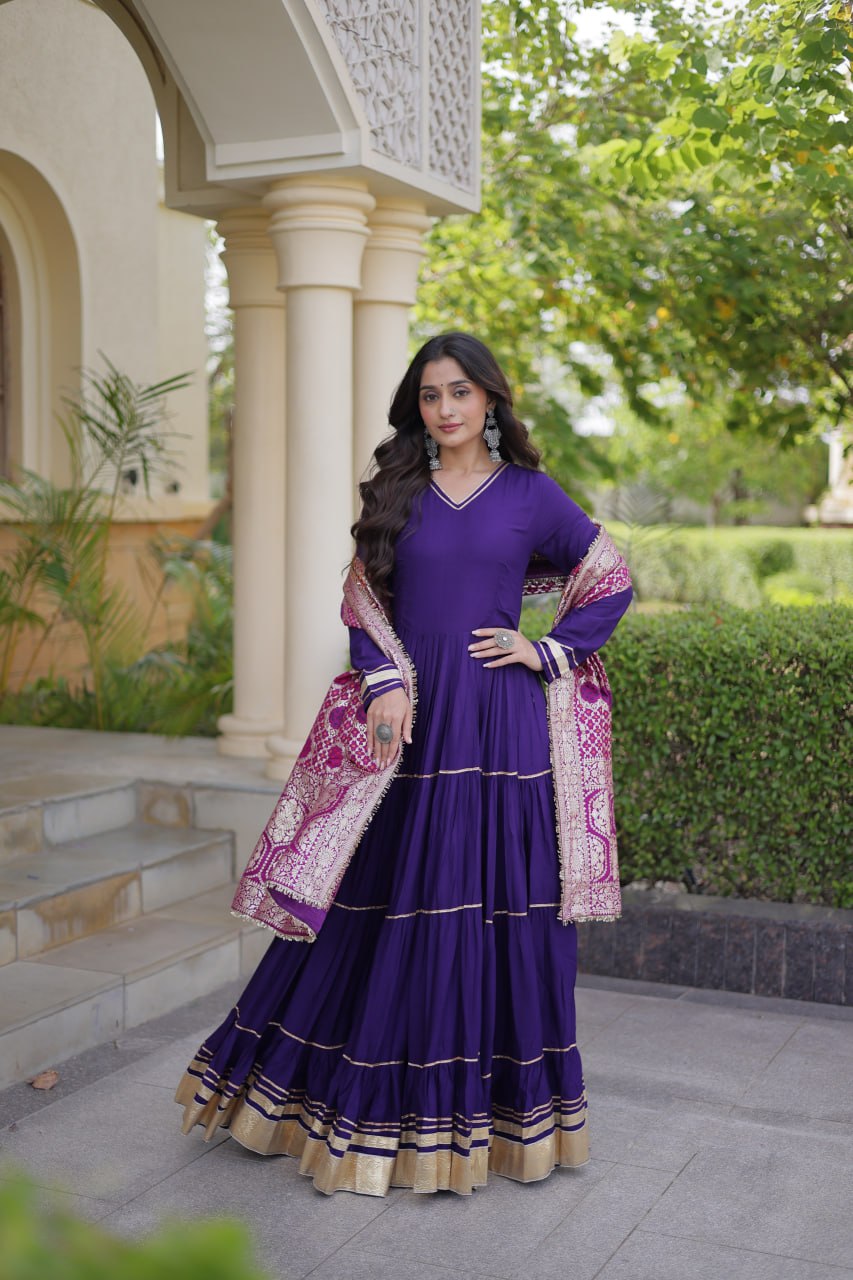 Royal Purple Reyon Gota Patti Gown with Jacquard Dupatta | 12 Meter Flair