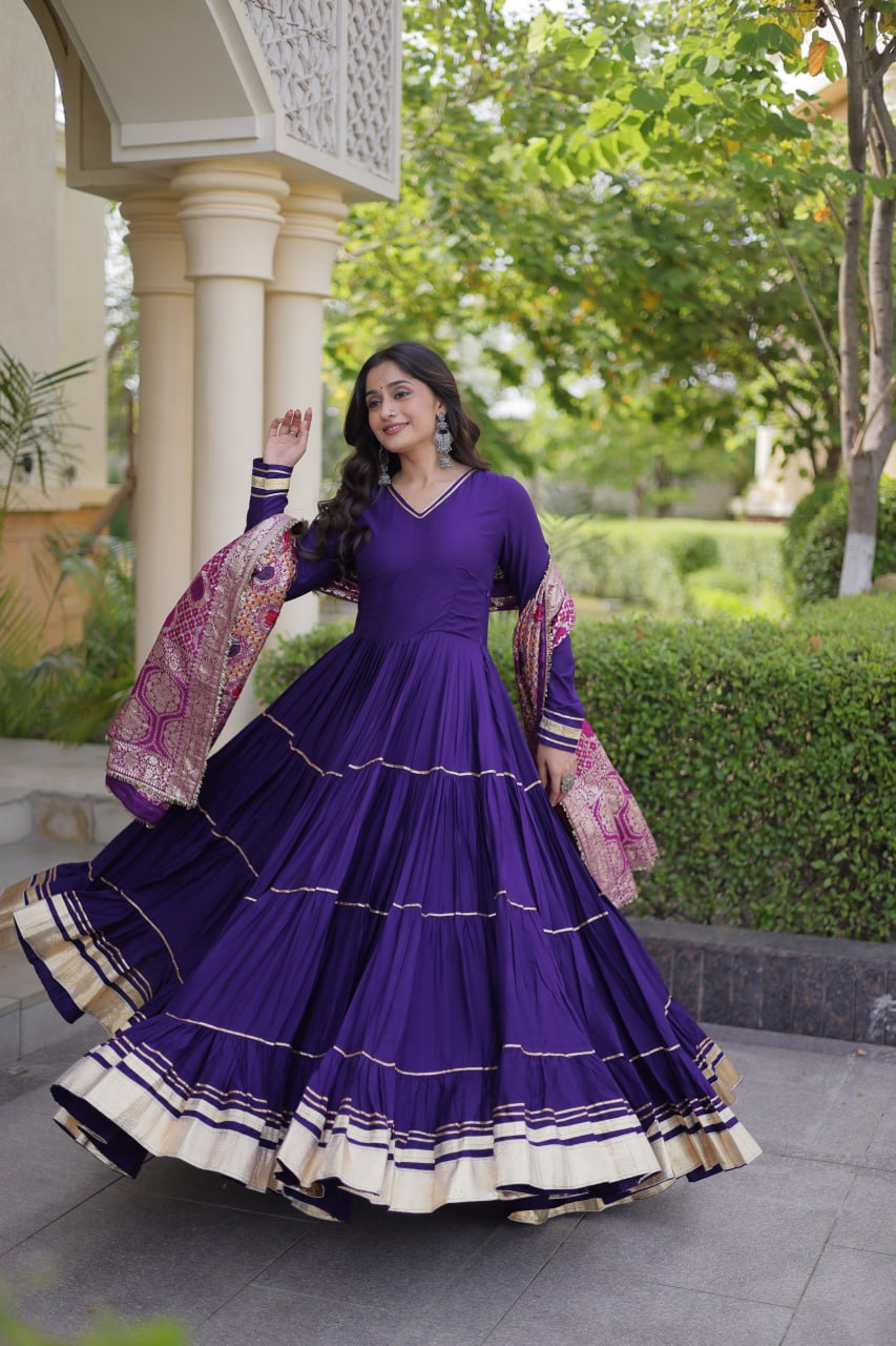 Royal Purple Reyon Gota Patti Gown with Jacquard Dupatta | 12 Meter Flair