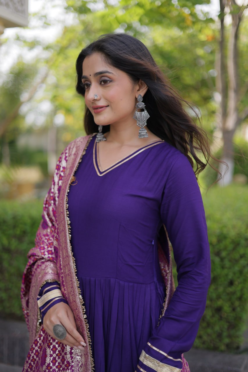 Royal Purple Reyon Gota Patti Gown with Jacquard Dupatta | 12 Meter Flair