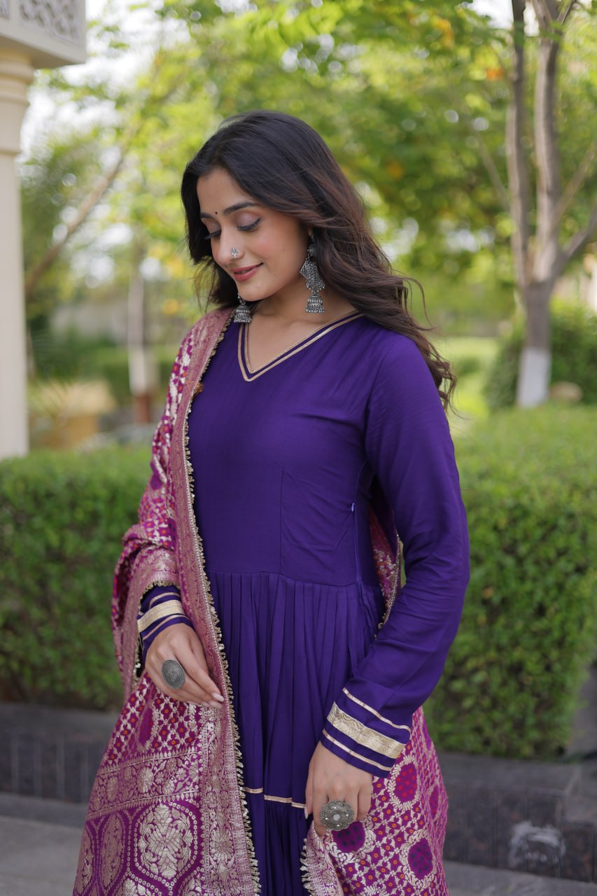 Royal Purple Reyon Gota Patti Gown with Jacquard Dupatta | 12 Meter Flair