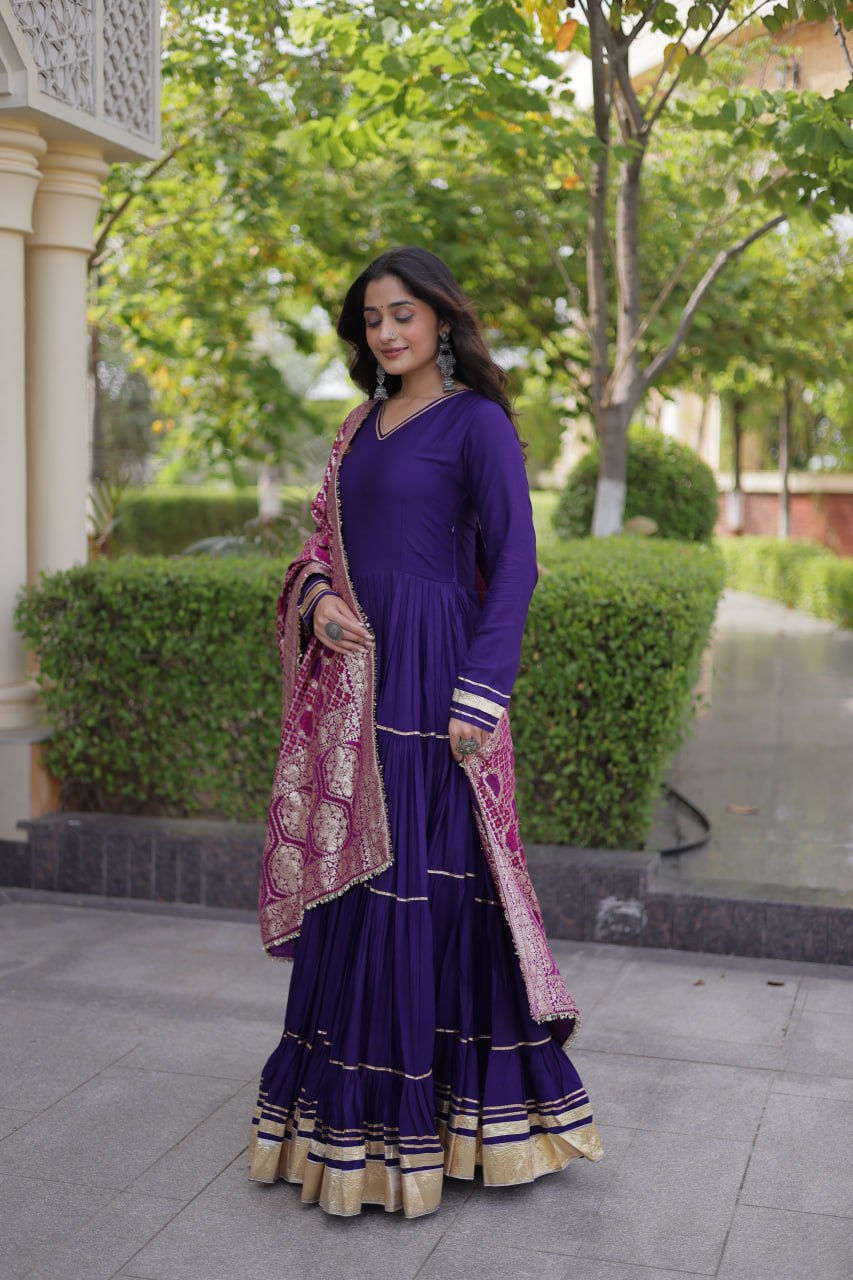 Royal Purple Reyon Gota Patti Gown with Jacquard Dupatta | 12 Meter Flair