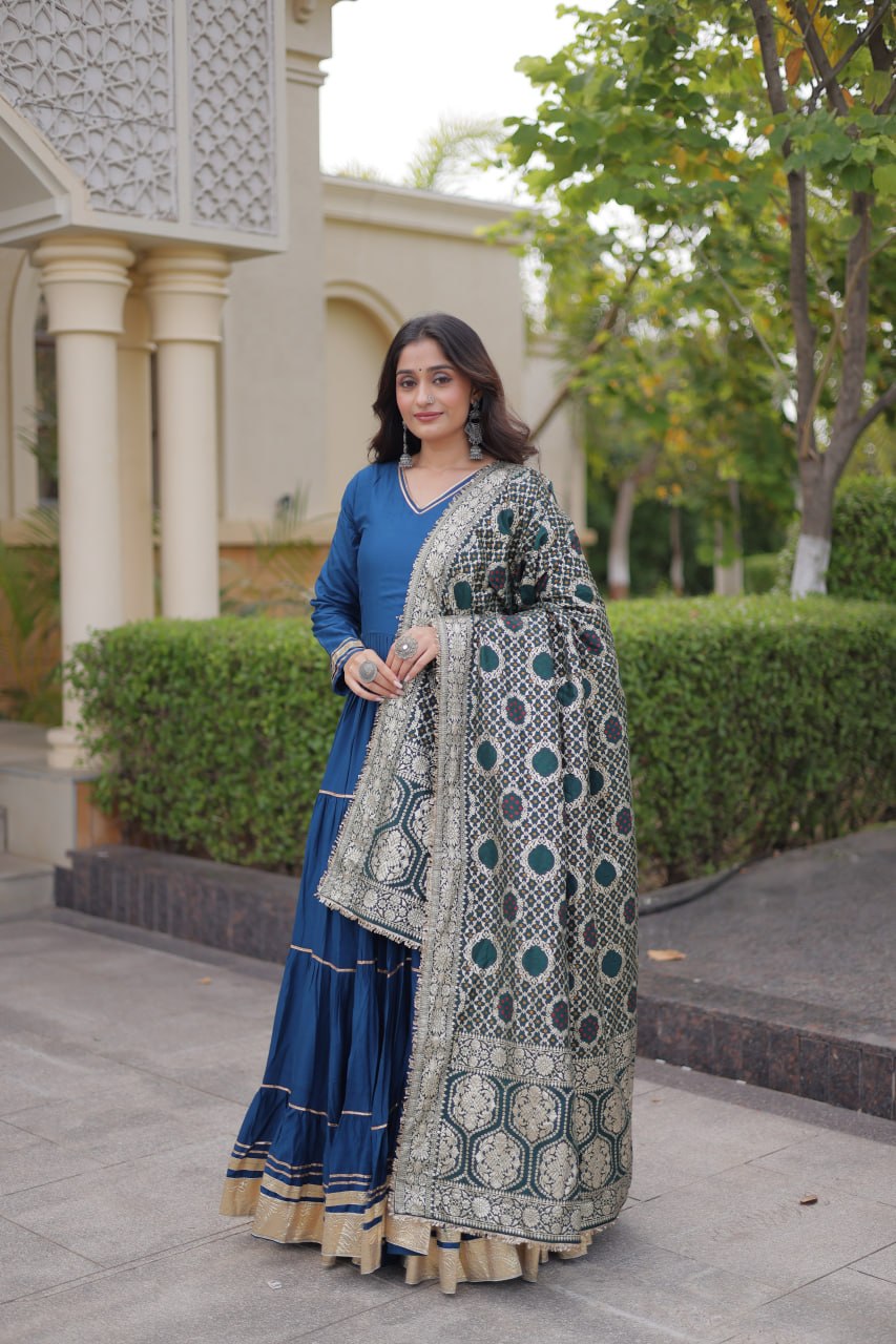 Rama Blue Reyon Gown with Gota Patti & Jacquard Dupatta | 12 Meter Flair