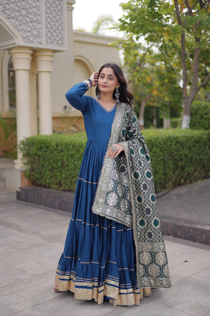 Rama Blue Reyon Gown with Gota Patti & Jacquard Dupatta | 12 Meter Flair