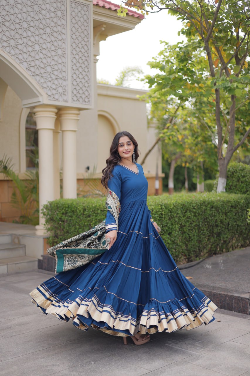 Rama Blue Reyon Gown with Gota Patti & Jacquard Dupatta | 12 Meter Flair