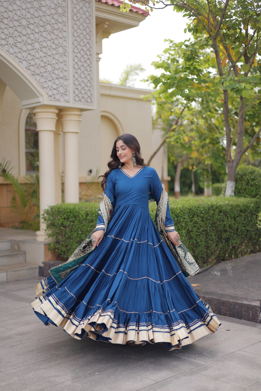 Rama Blue Reyon Gown with Gota Patti & Jacquard Dupatta | 12 Meter Flair