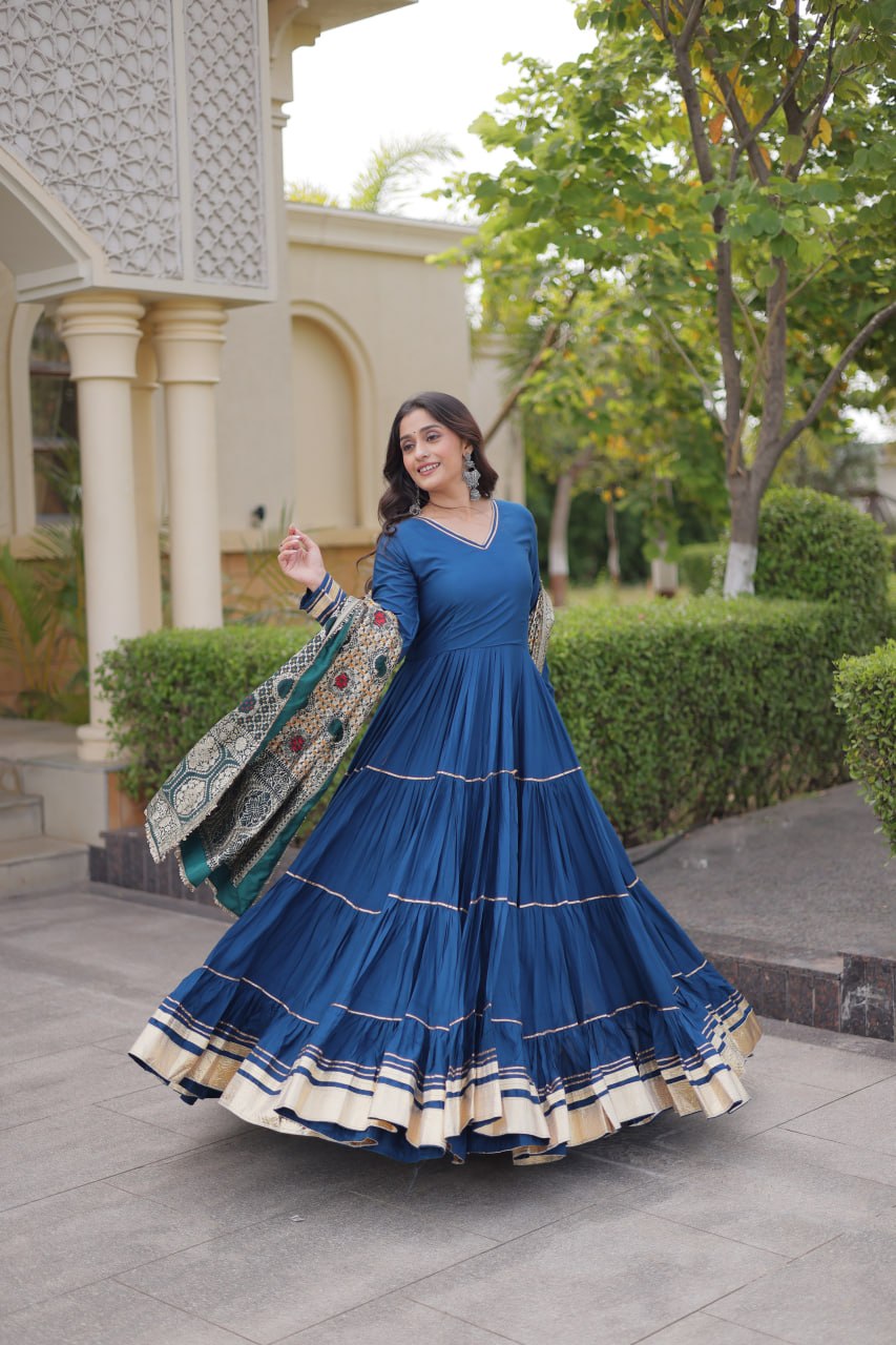 Rama Blue Reyon Gown with Gota Patti & Jacquard Dupatta | 12 Meter Flair