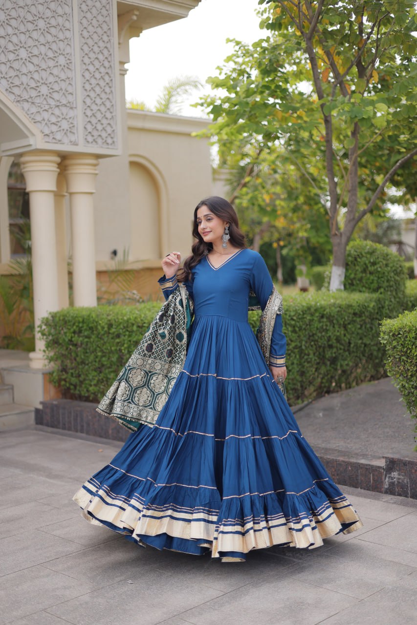 Rama Blue Reyon Gown with Gota Patti & Jacquard Dupatta | 12 Meter Flair