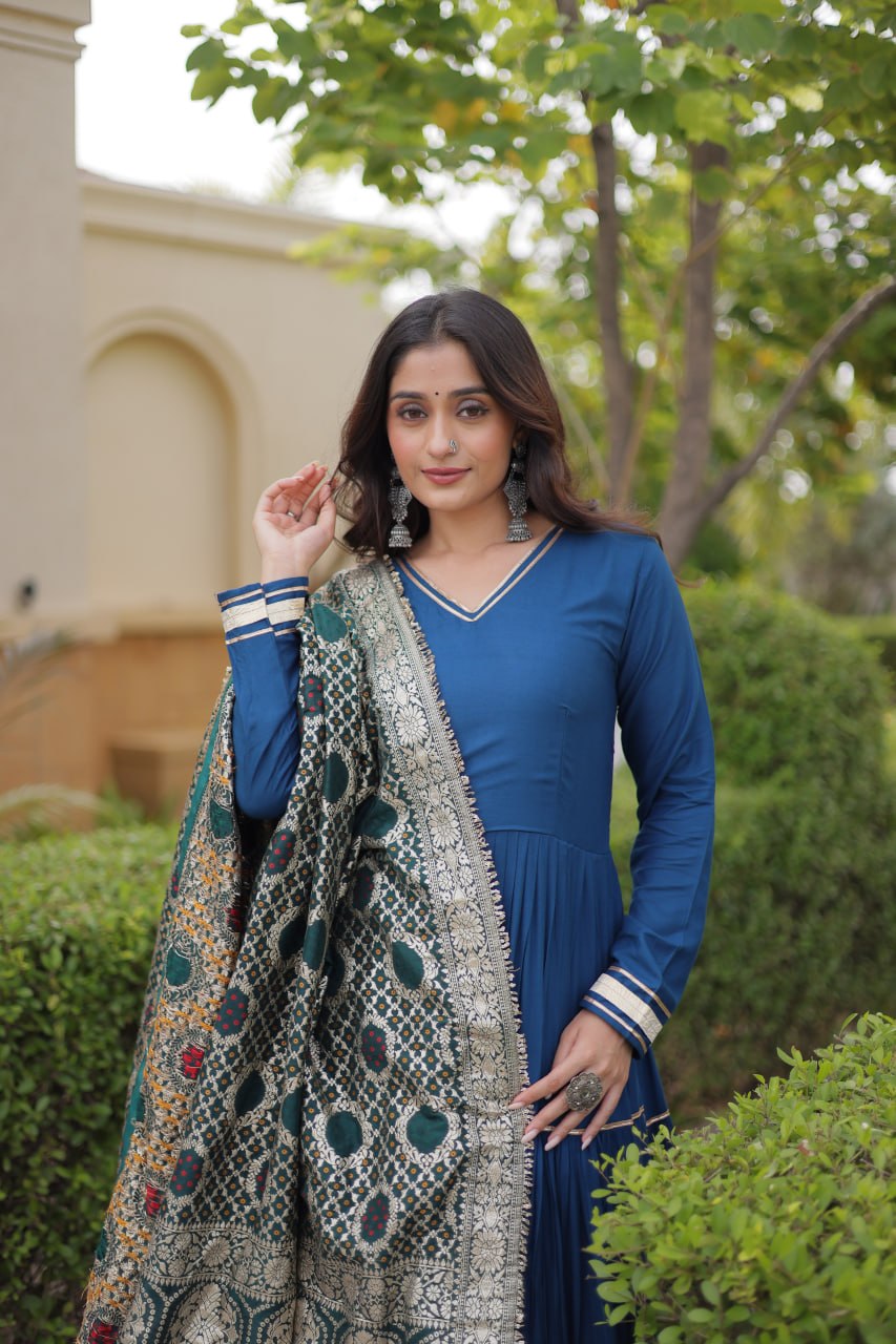 Rama Blue Reyon Gown with Gota Patti & Jacquard Dupatta | 12 Meter Flair