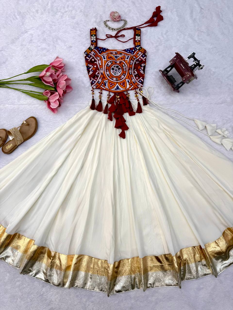 Ivory White & Maroon Mirror Work Rayon Lehenga Choli Set