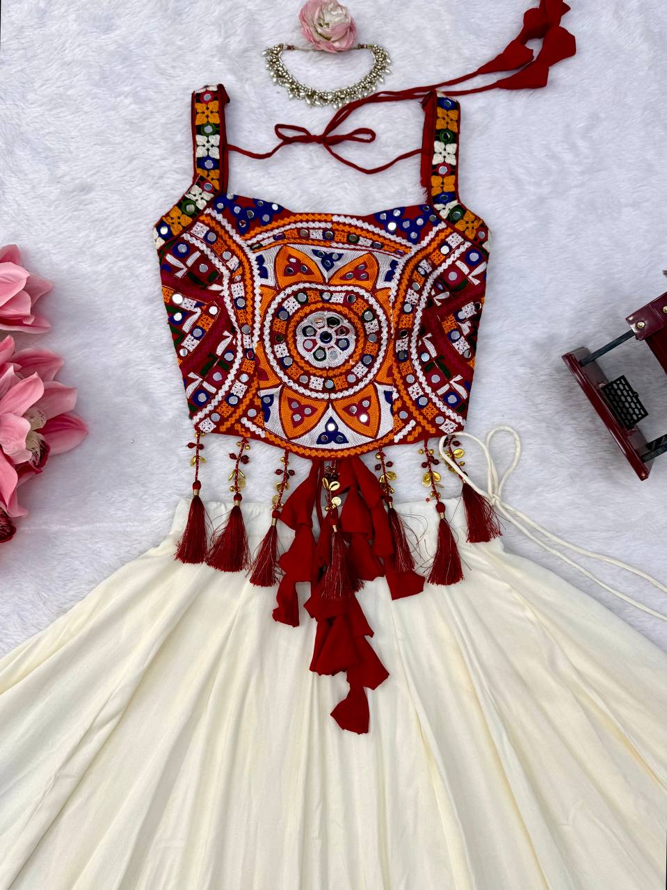 Ivory White & Maroon Mirror Work Rayon Lehenga Choli Set