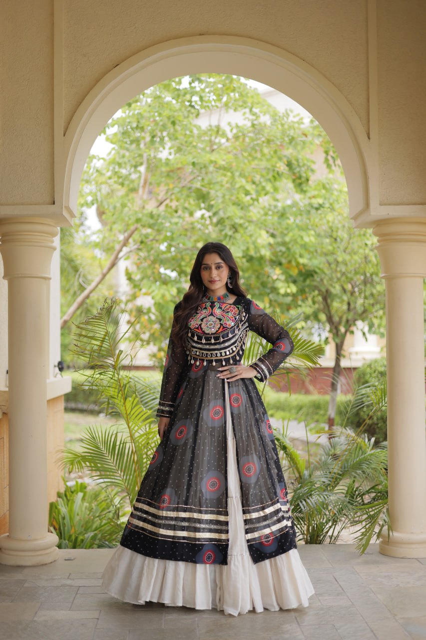 Black Bandhani Print Lehenga Kurti Set with Kutchi Patchwork & 12 Meter Flair