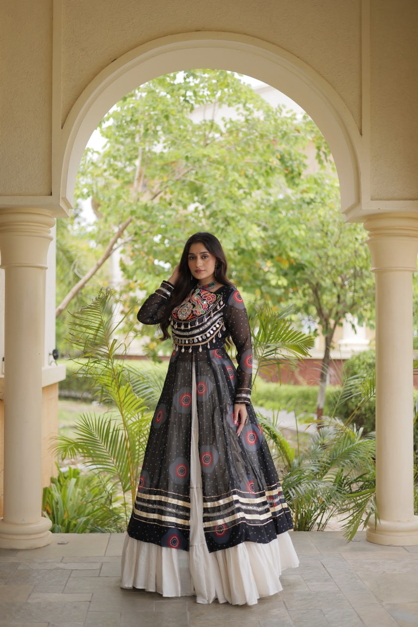 Black Bandhani Print Lehenga Kurti Set with Kutchi Patchwork & 12 Meter Flair