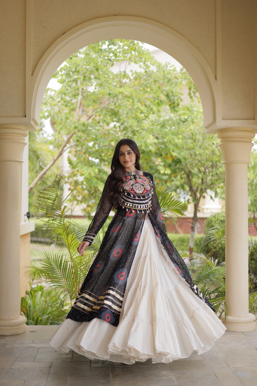 Black Bandhani Print Lehenga Kurti Set with Kutchi Patchwork & 12 Meter Flair