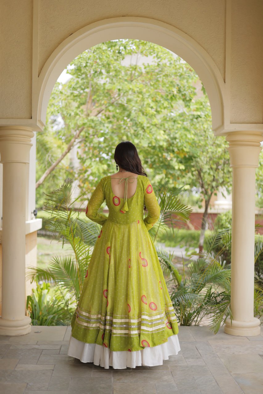 Lime Green Bandhani Print Lehenga Kurti Set with Kutchi Patchwork & 12 Meter Flair