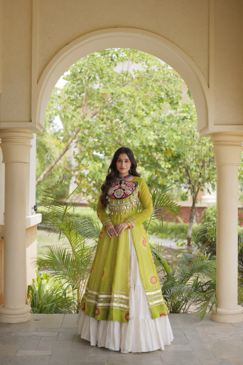 Lime Green Bandhani Print Lehenga Kurti Set with Kutchi Patchwork & 12 Meter Flair