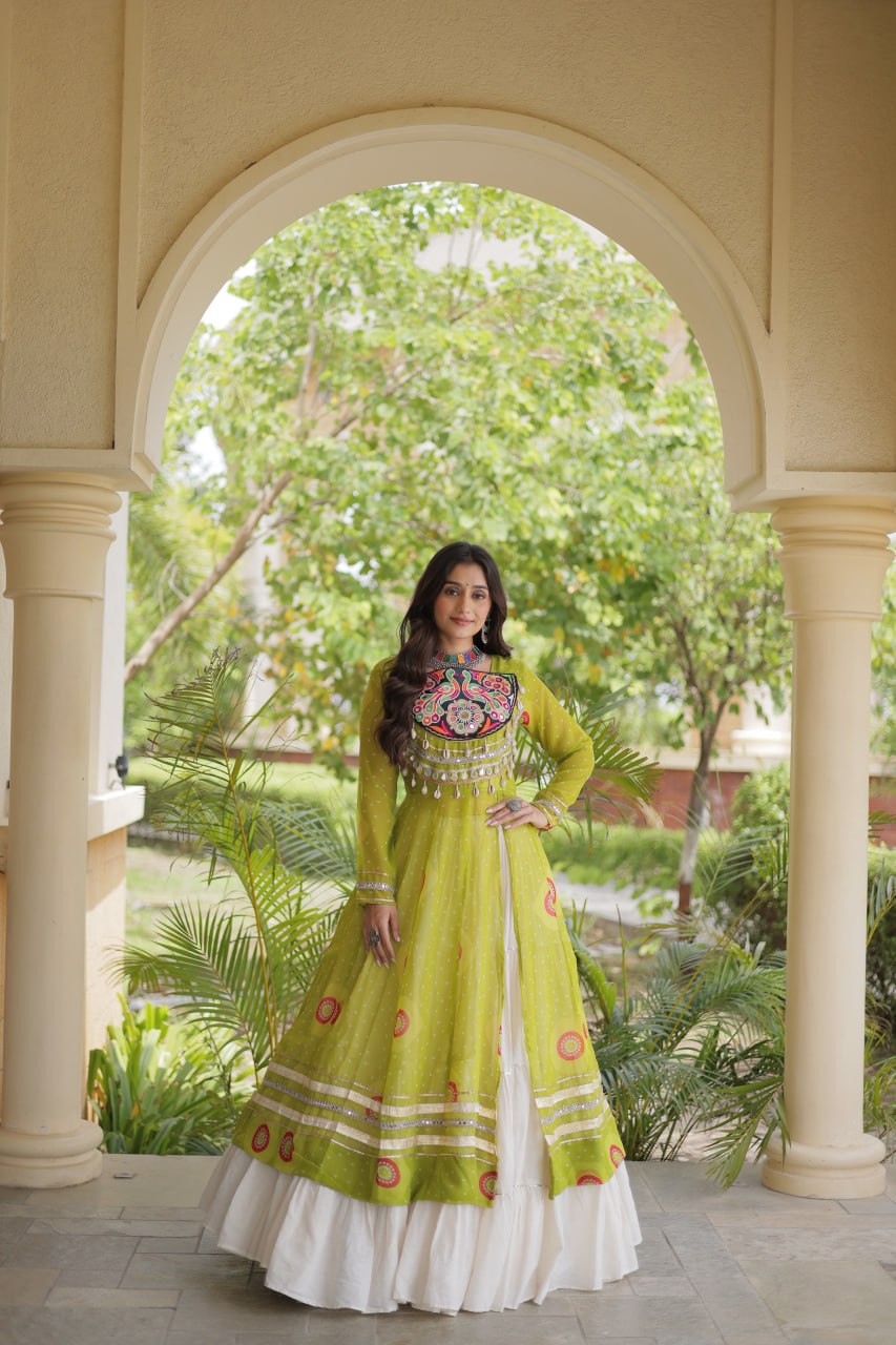 Lime Green Bandhani Print Lehenga Kurti Set with Kutchi Patchwork & 12 Meter Flair
