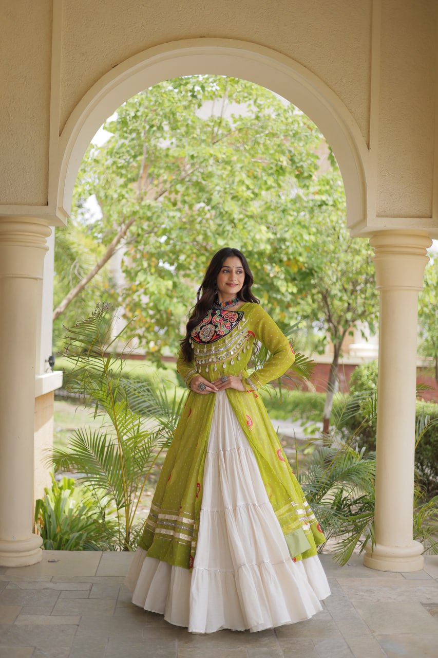 Lime Green Bandhani Print Lehenga Kurti Set with Kutchi Patchwork & 12 Meter Flair