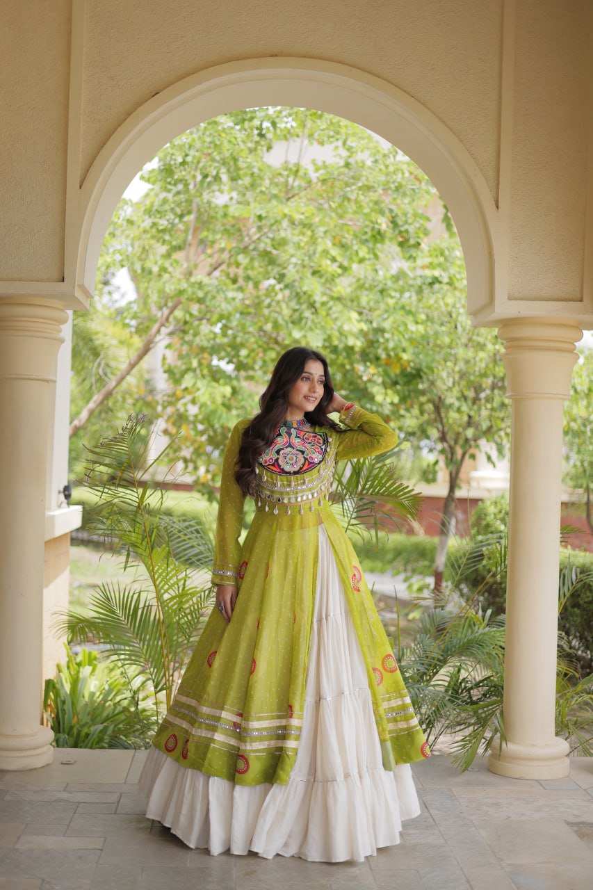 Lime Green Bandhani Print Lehenga Kurti Set with Kutchi Patchwork & 12 Meter Flair