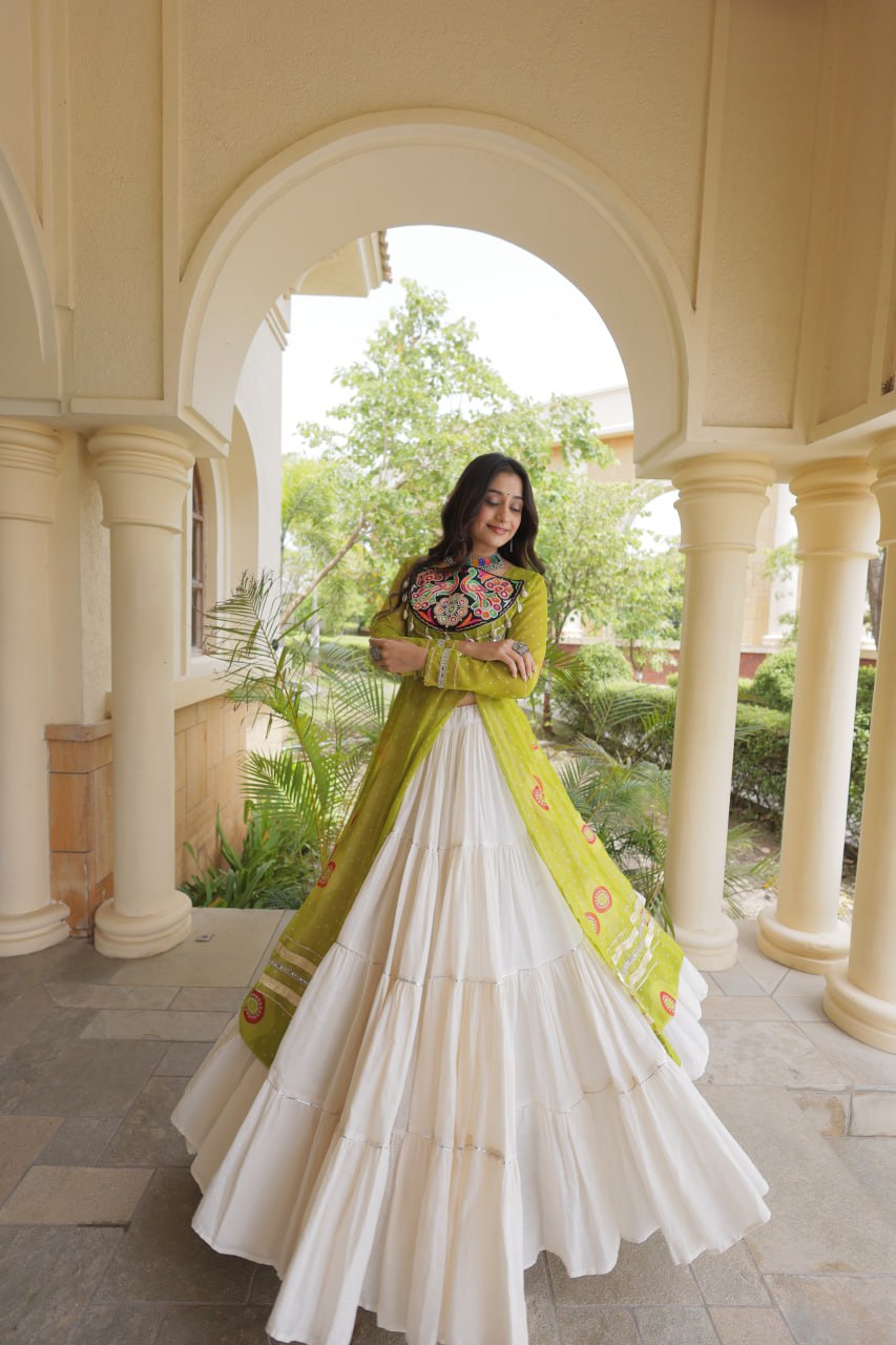 Lime Green Bandhani Print Lehenga Kurti Set with Kutchi Patchwork & 12 Meter Flair