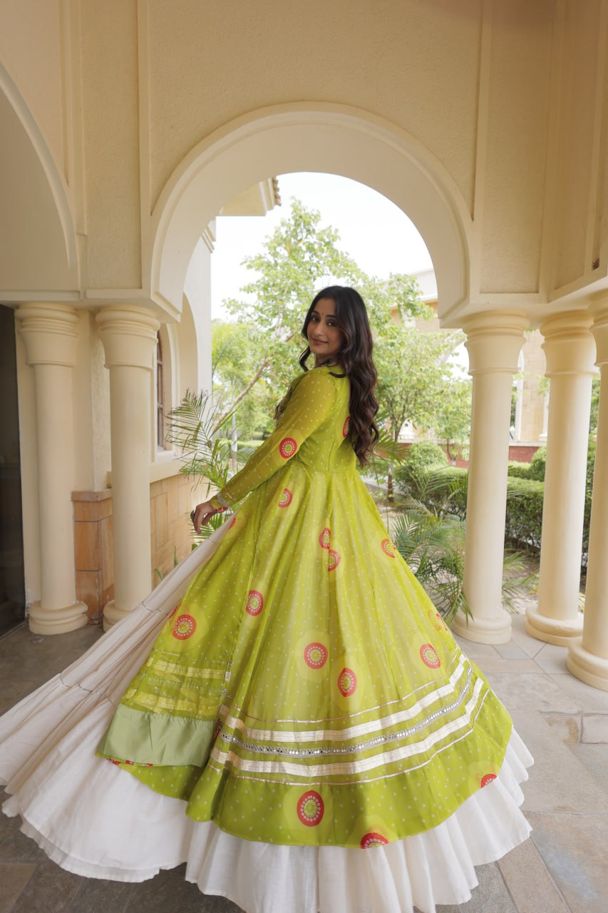 Lime Green Bandhani Print Lehenga Kurti Set with Kutchi Patchwork & 12 Meter Flair