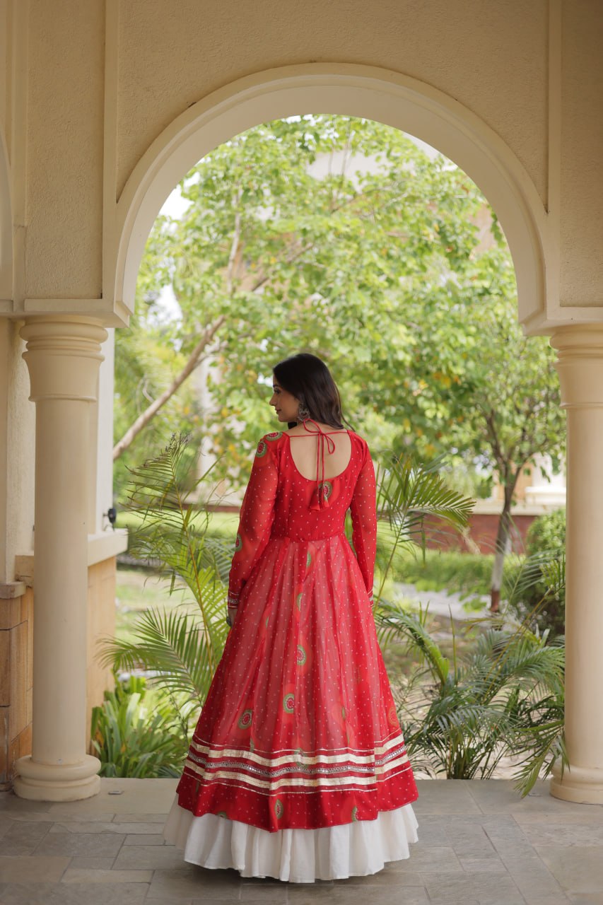 Red Bandhani Print Lehenga Kurti Set with Kutchi Patchwork & 12 Meter Flair
