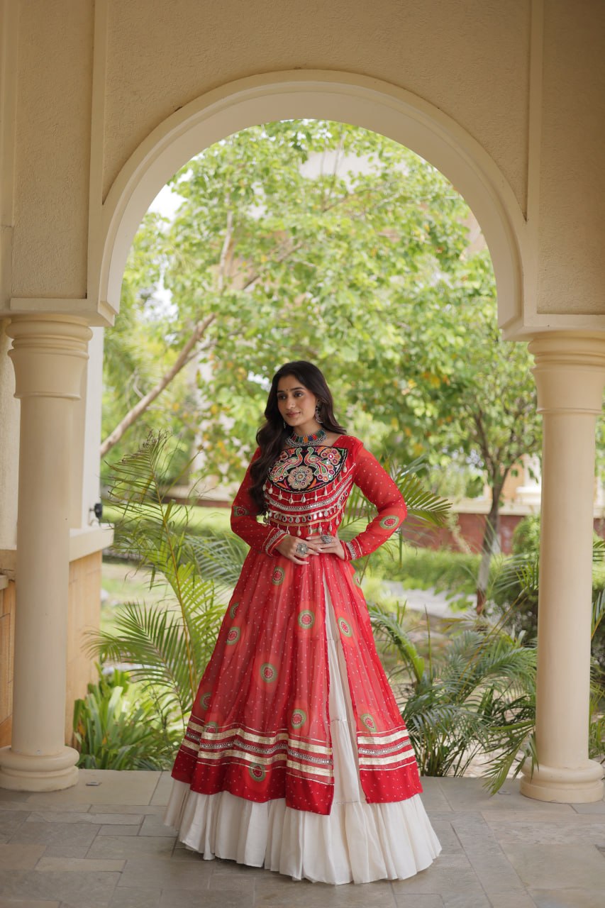 Red Bandhani Print Lehenga Kurti Set with Kutchi Patchwork & 12 Meter Flair