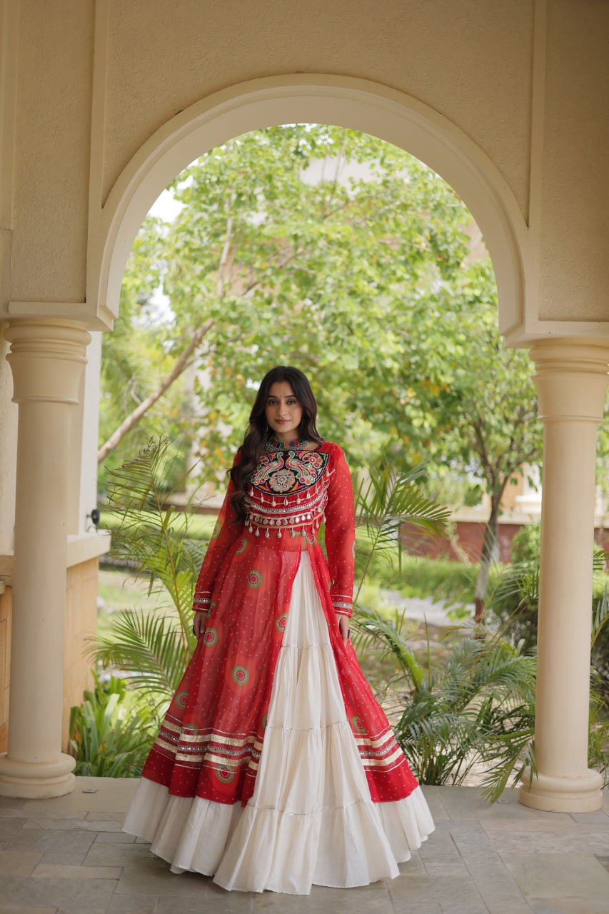 Red Bandhani Print Lehenga Kurti Set with Kutchi Patchwork & 12 Meter Flair