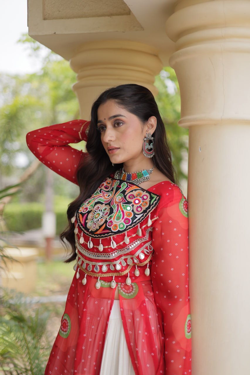 Red Bandhani Print Lehenga Kurti Set with Kutchi Patchwork & 12 Meter Flair