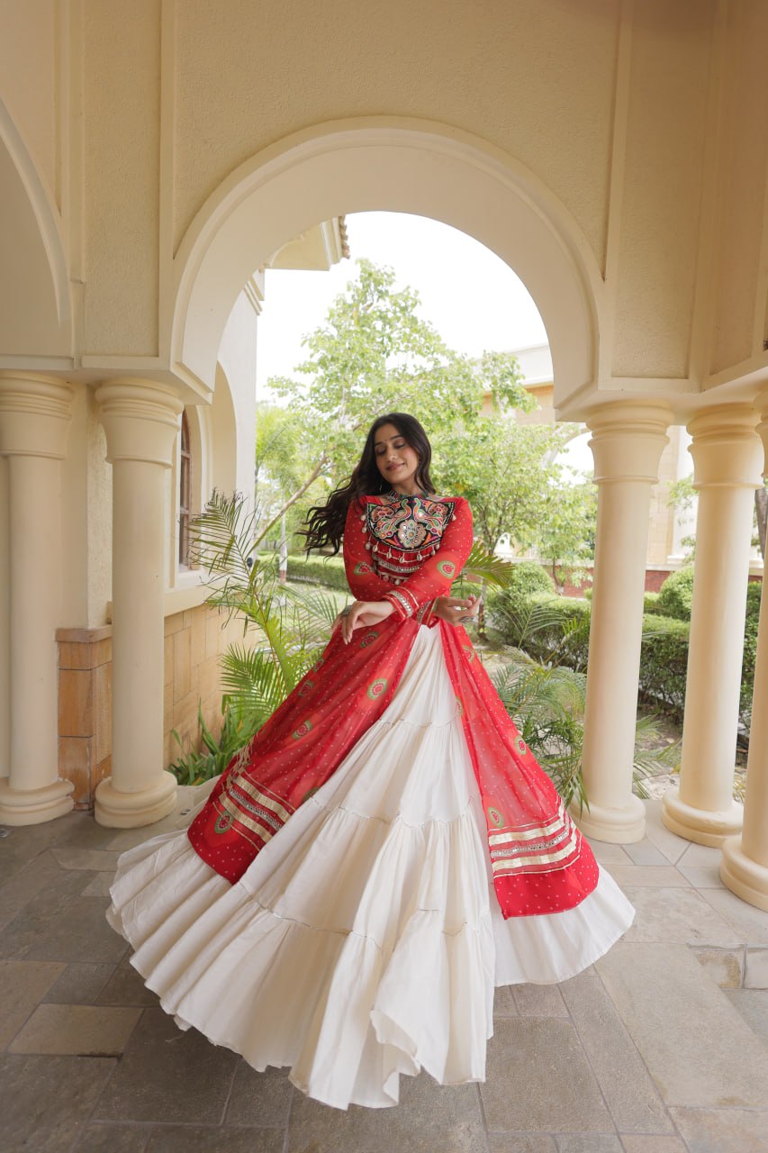 Red Bandhani Print Lehenga Kurti Set with Kutchi Patchwork & 12 Meter Flair