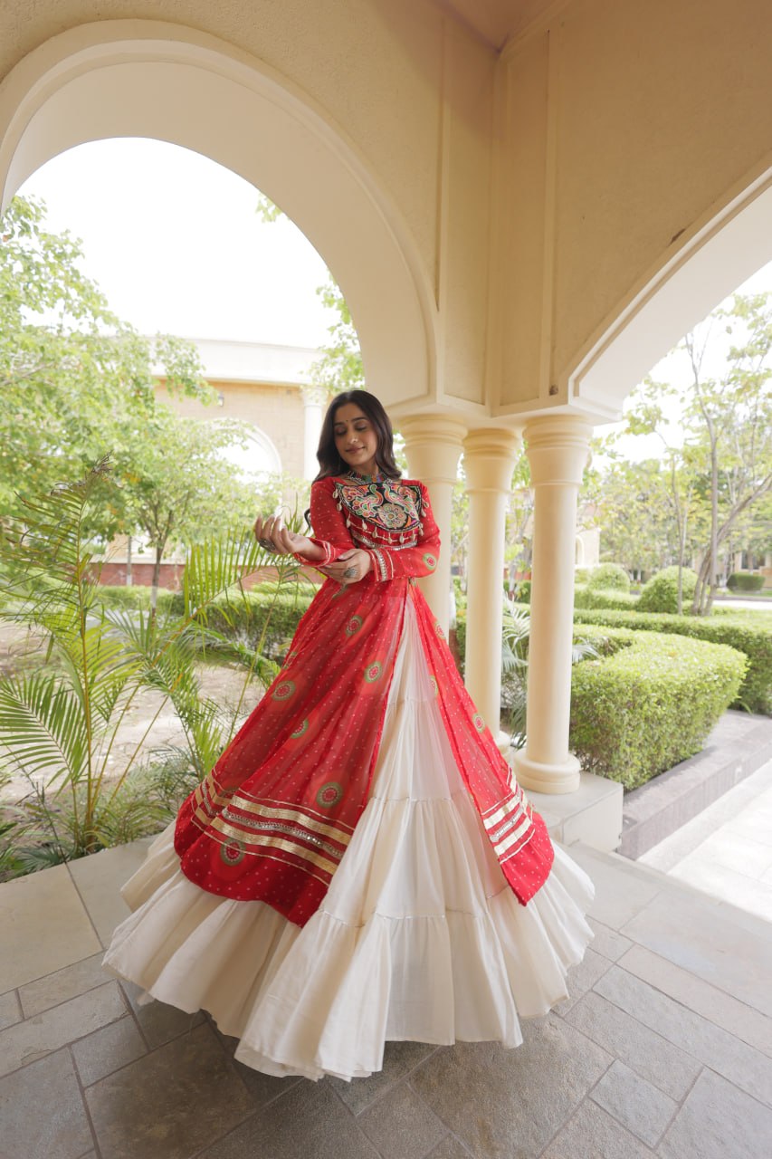 Red Bandhani Print Lehenga Kurti Set with Kutchi Patchwork & 12 Meter Flair