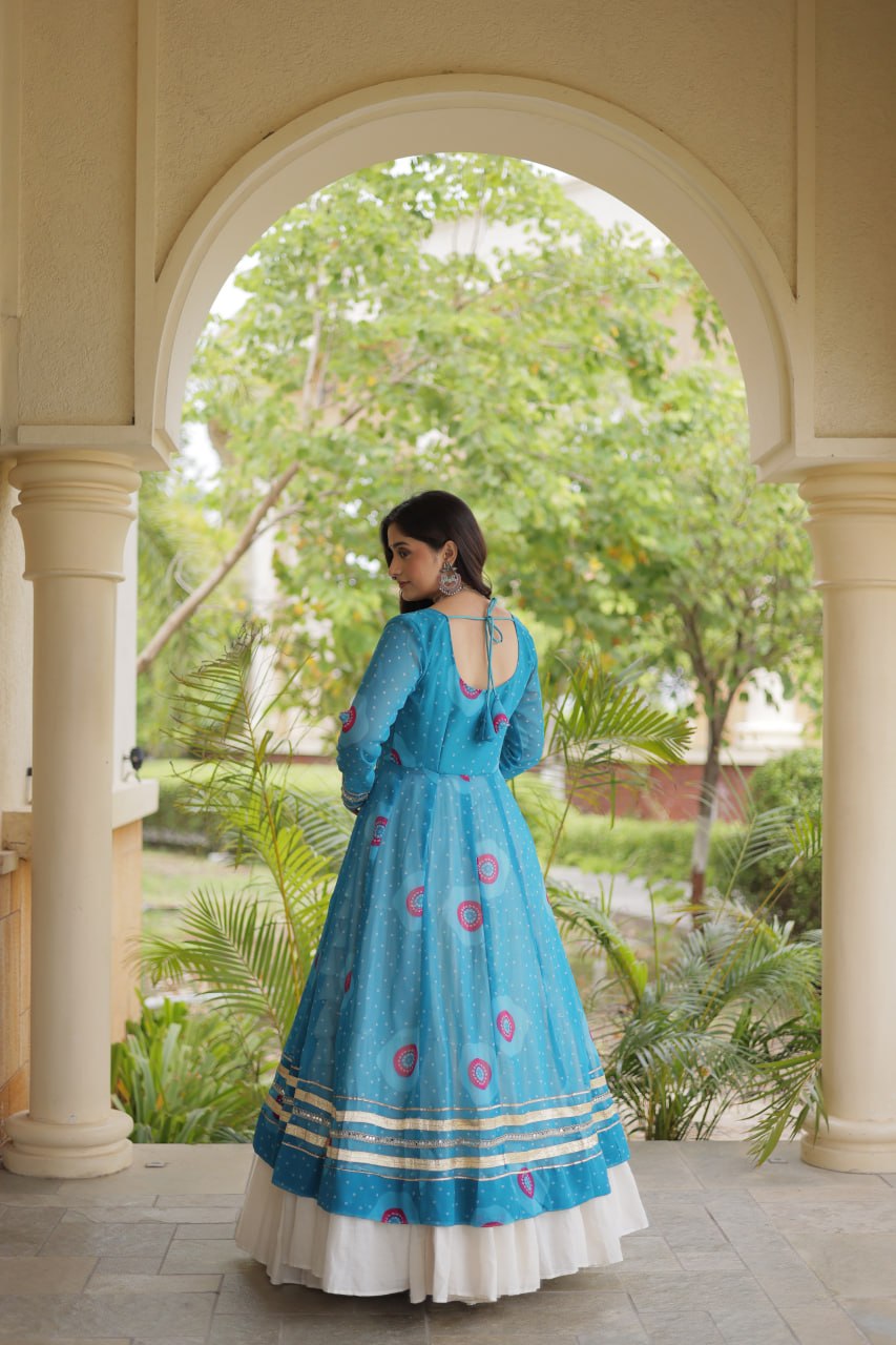 Sky Blue Bandhani Print Lehenga Kurti Set with Kutchi Patchwork & 12 Meter Flair
