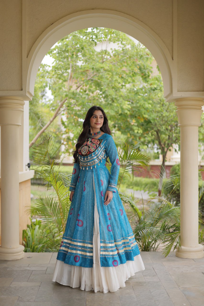 Sky Blue Bandhani Print Lehenga Kurti Set with Kutchi Patchwork & 12 Meter Flair