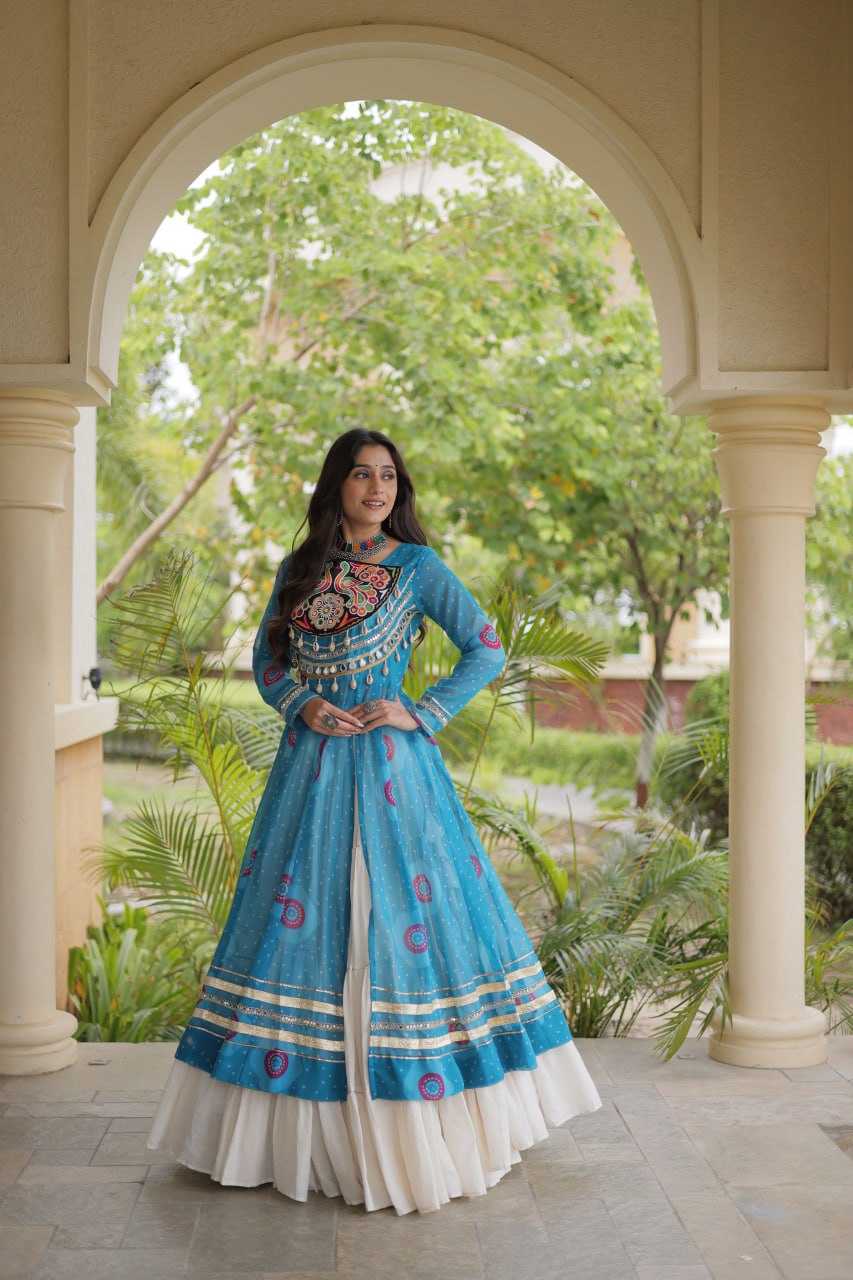 Sky Blue Bandhani Print Lehenga Kurti Set with Kutchi Patchwork & 12 Meter Flair