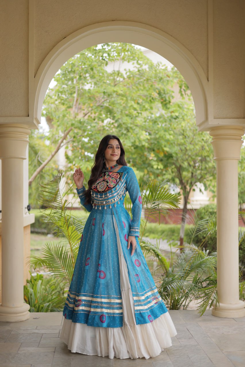 Sky Blue Bandhani Print Lehenga Kurti Set with Kutchi Patchwork & 12 Meter Flair