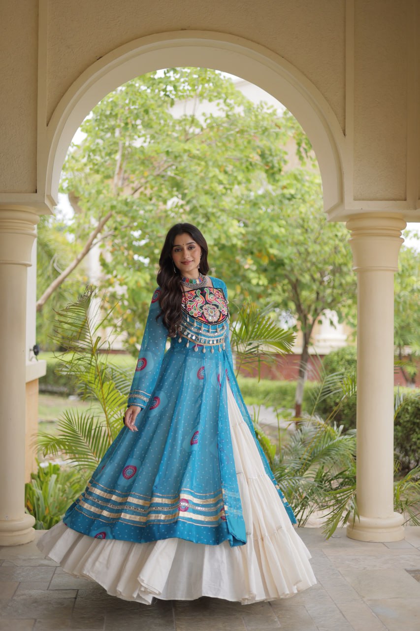 Sky Blue Bandhani Print Lehenga Kurti Set with Kutchi Patchwork & 12 Meter Flair