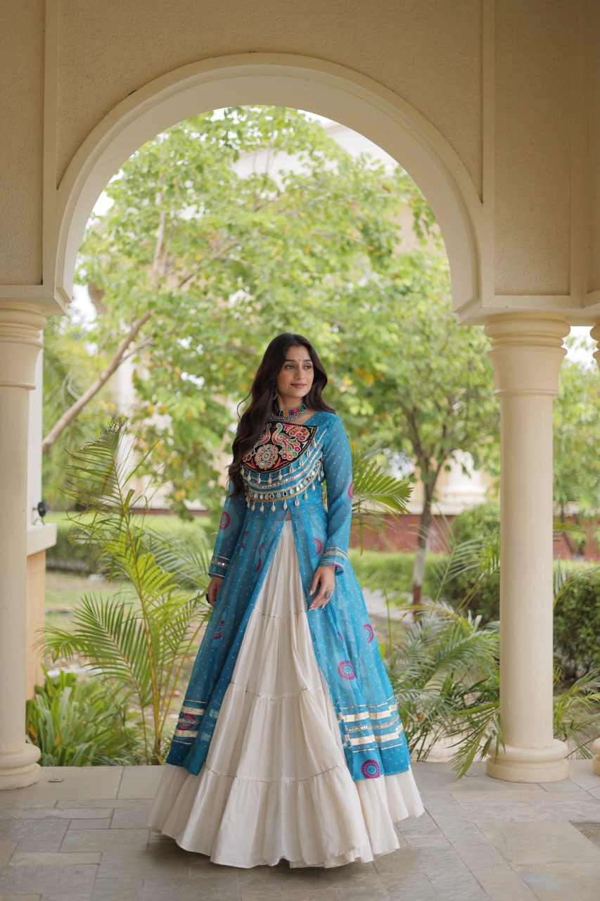 Sky Blue Bandhani Print Lehenga Kurti Set with Kutchi Patchwork & 12 Meter Flair
