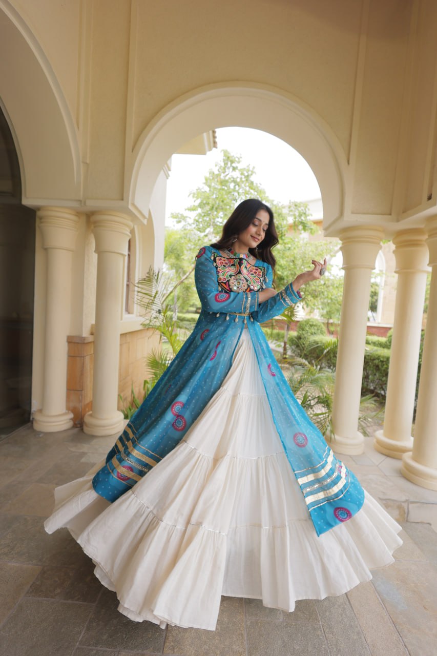 Sky Blue Bandhani Print Lehenga Kurti Set with Kutchi Patchwork & 12 Meter Flair