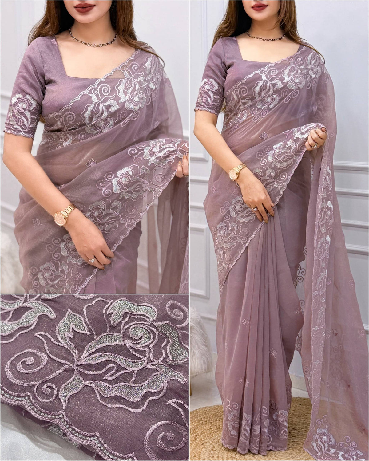 Dusty Mauve Lavender Melbourne Silk Self Embroidered Saree with Zari Work